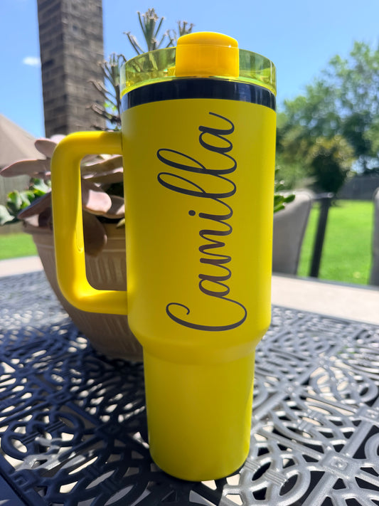 40 oz Custom Engraved Tumbler with Handle – Personalized Name or SVG Logo – Premium Stainless Steel – Gold or Black Engraving
