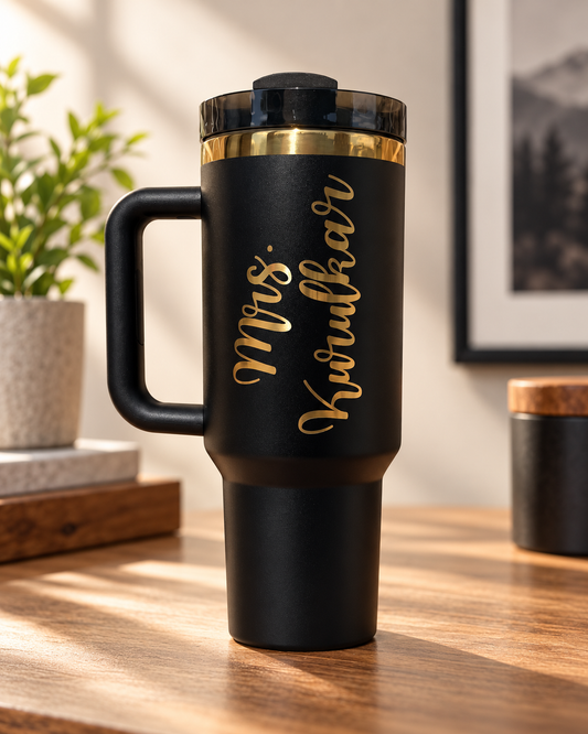 40 oz Custom Engraved Tumbler with Handle – Personalized Name or SVG Logo – Premium Stainless Steel – Gold or Black Engraving