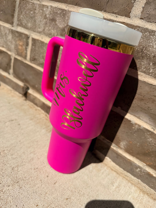 Personalized Teacher Tumbler – 40 oz Barbie Pink Engraved in Gold | Custom Name Cup