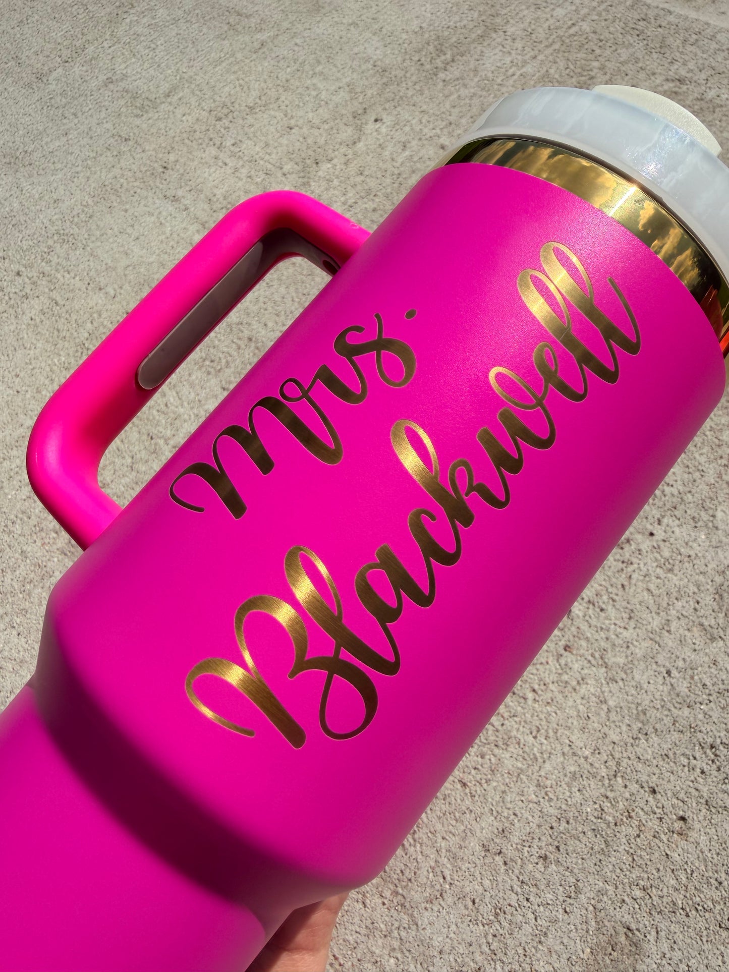 Personalized Teacher Tumbler – 40 oz Barbie Pink Engraved in Gold | Custom Name Cup