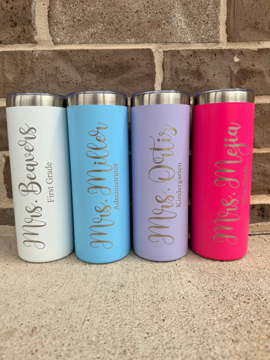 Personalized Teacher Skinny Tumbler – 20 oz Custom Name & Grade | Engraved Teacher Gift
