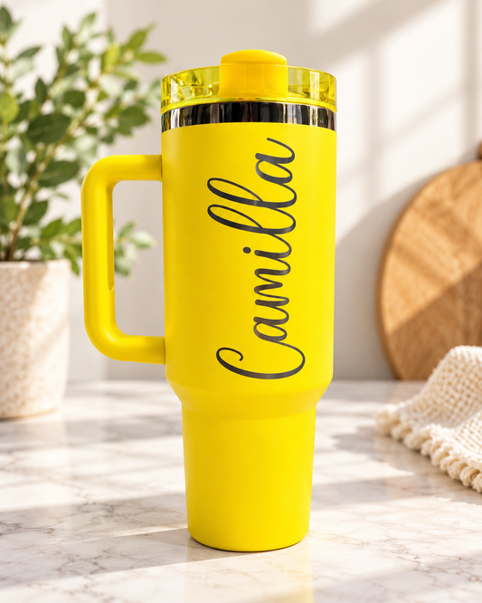 40 oz Custom Engraved Tumbler with Handle – Personalized Name or SVG Logo – Premium Stainless Steel – Gold or Black Engraving