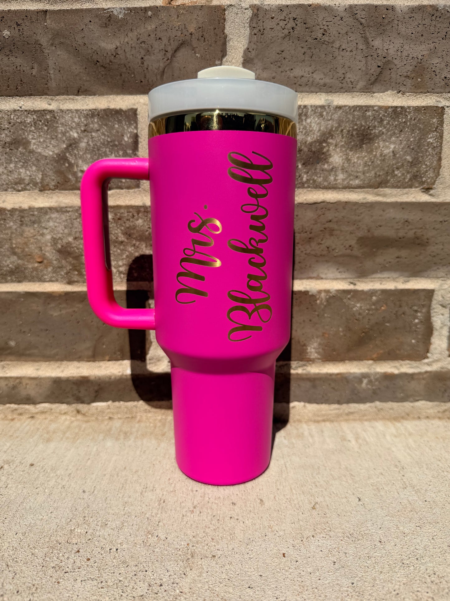 Personalized Teacher Tumbler – 40 oz Barbie Pink Engraved in Gold | Custom Name Cup