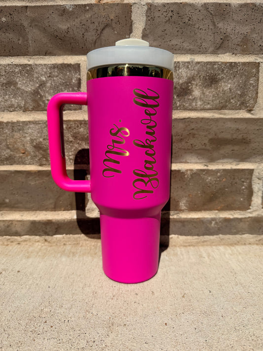 Personalized Teacher Tumbler – 40 oz Barbie Pink Engraved in Gold | Custom Name Cup