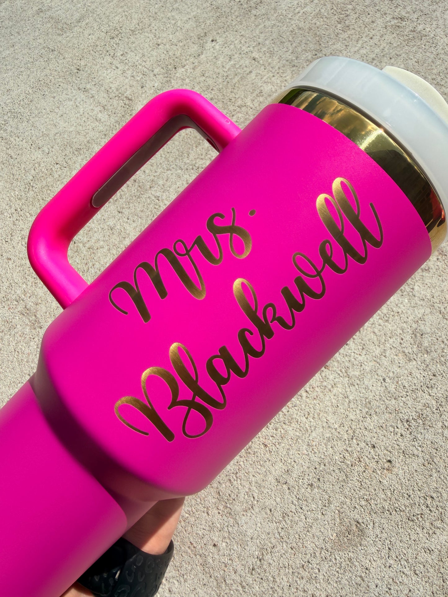 Personalized Teacher Tumbler – 40 oz Barbie Pink Engraved in Gold | Custom Name Cup